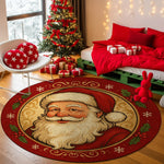 Decorative Christmas rug with Santa Claus design in a festive room with a Christmas tree and presents.


