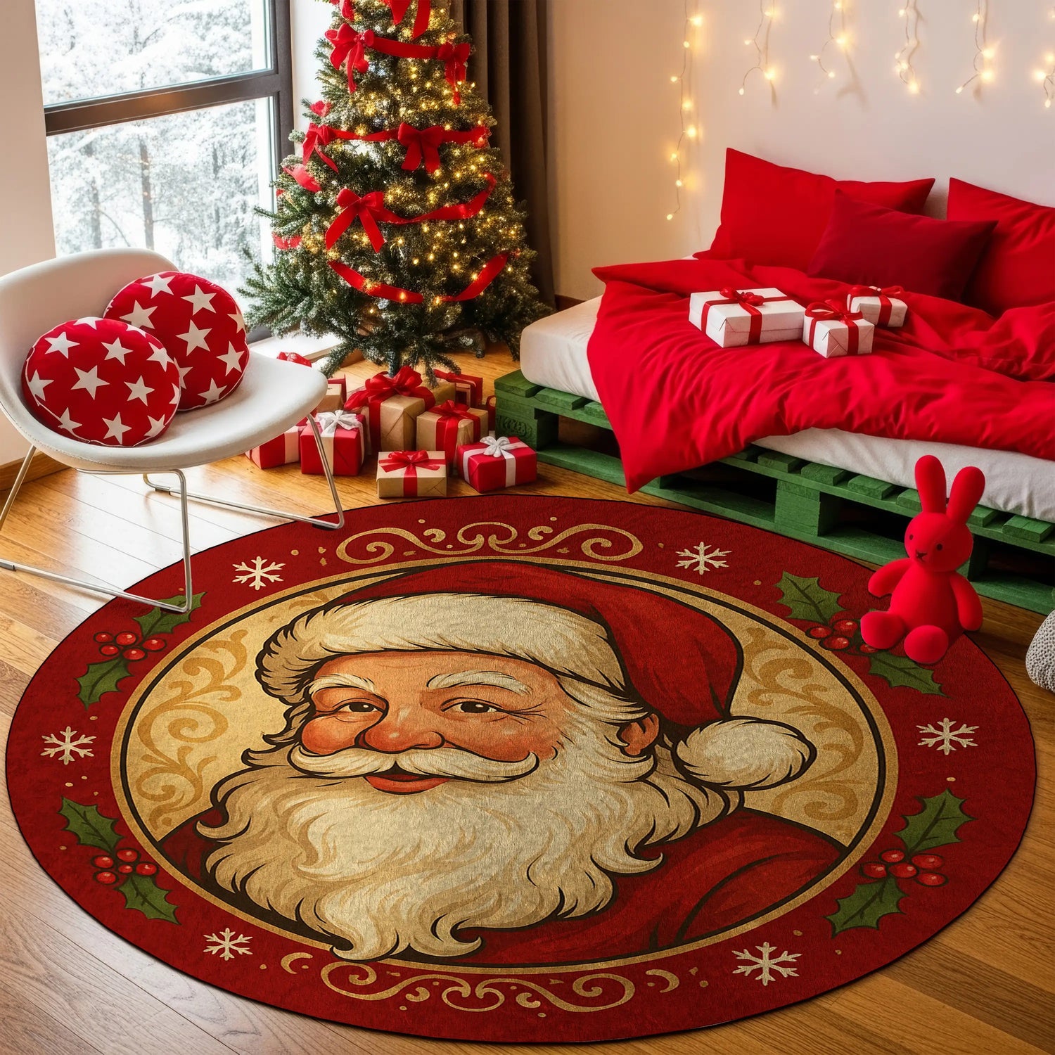 Decorative Christmas rug with Santa Claus design in a festive room with a Christmas tree and presents.

