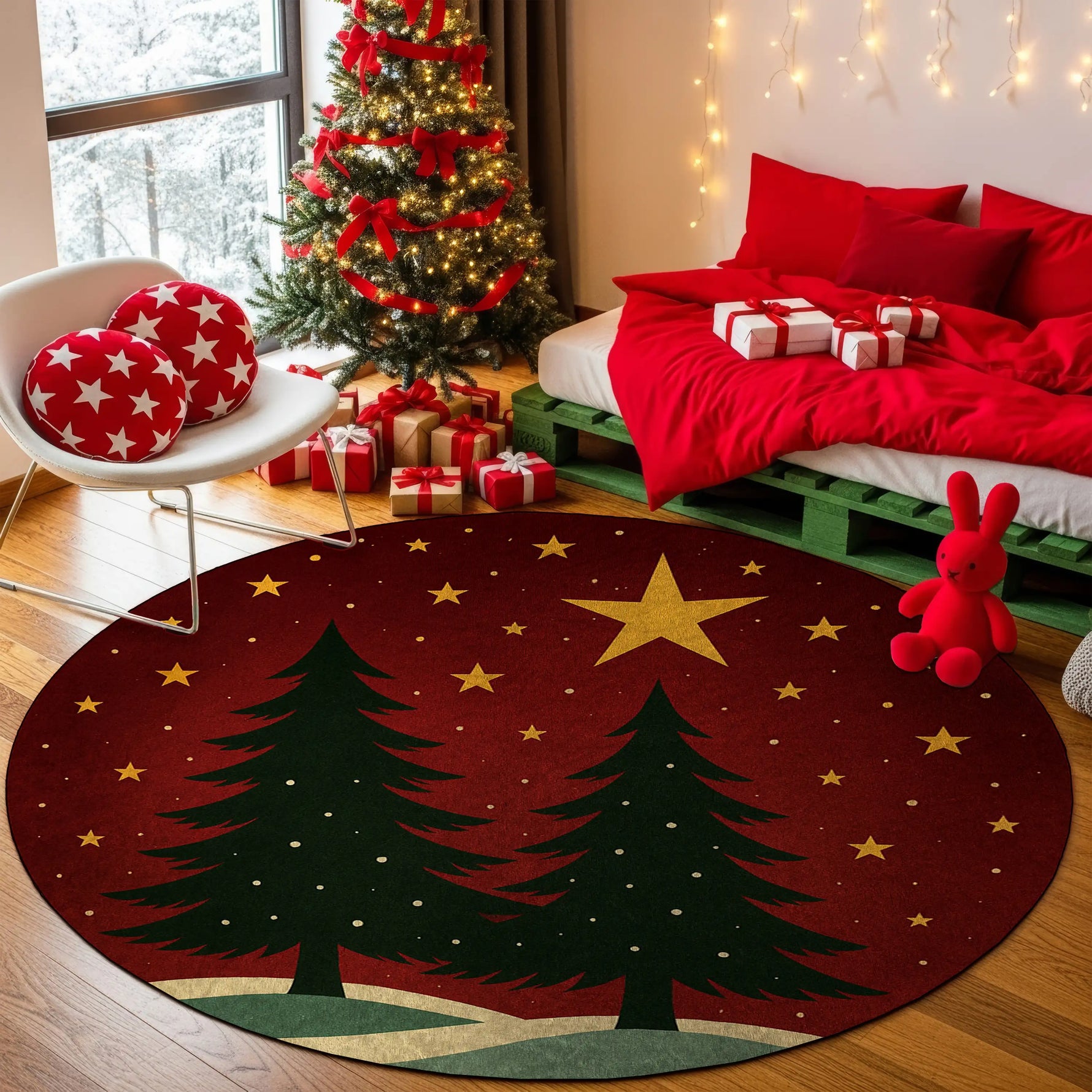 Decorative Christmas rug with trees and stars in a festive room with a Christmas tree and presents.

