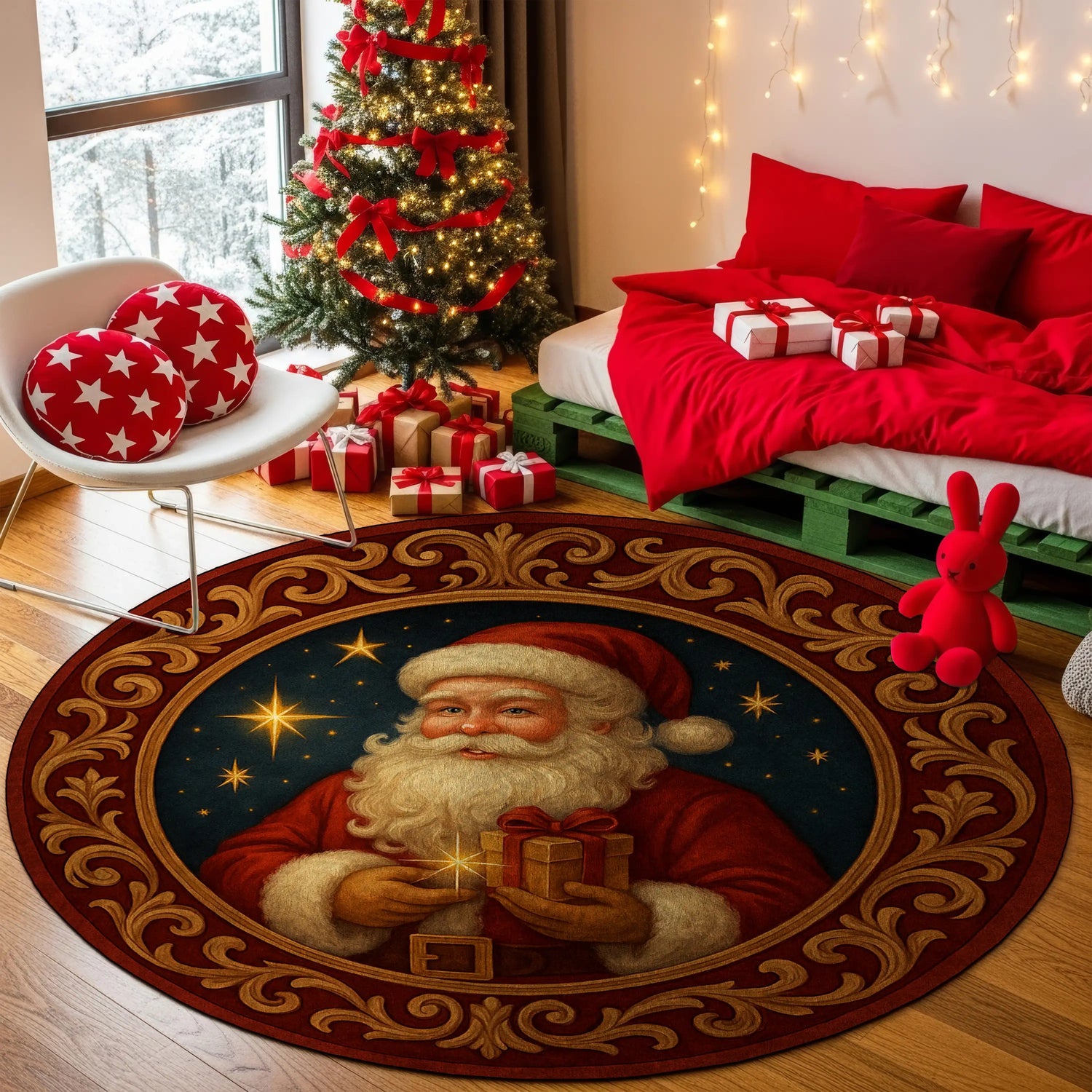 Decorative Christmas rug with Santa Claus design in a festive room with a Christmas tree and presents.

