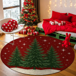 Round Christmas-themed rug with trees on a wooden floor, surrounded by festive decorations.

