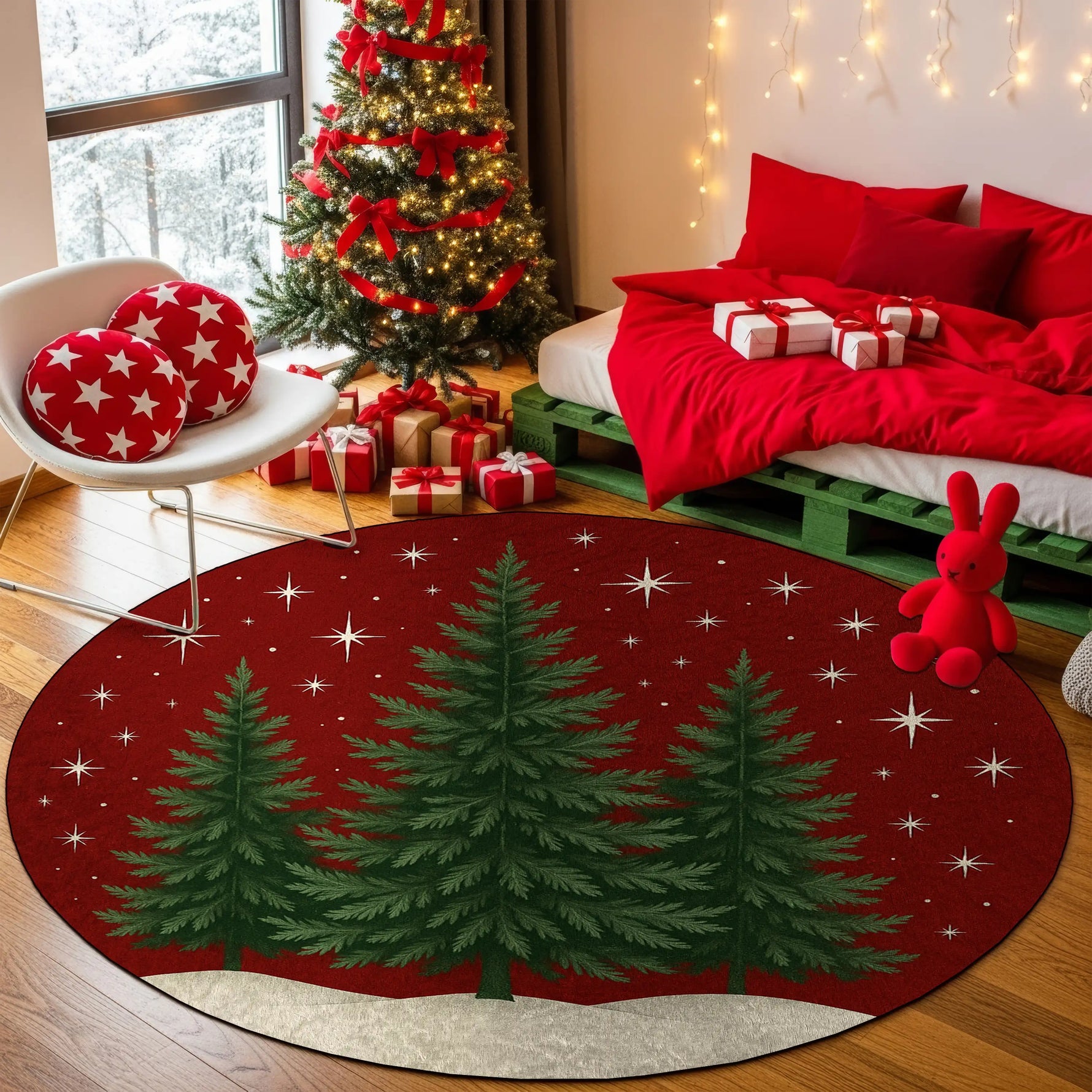 Round Christmas-themed rug with trees on a wooden floor, surrounded by festive decorations.

