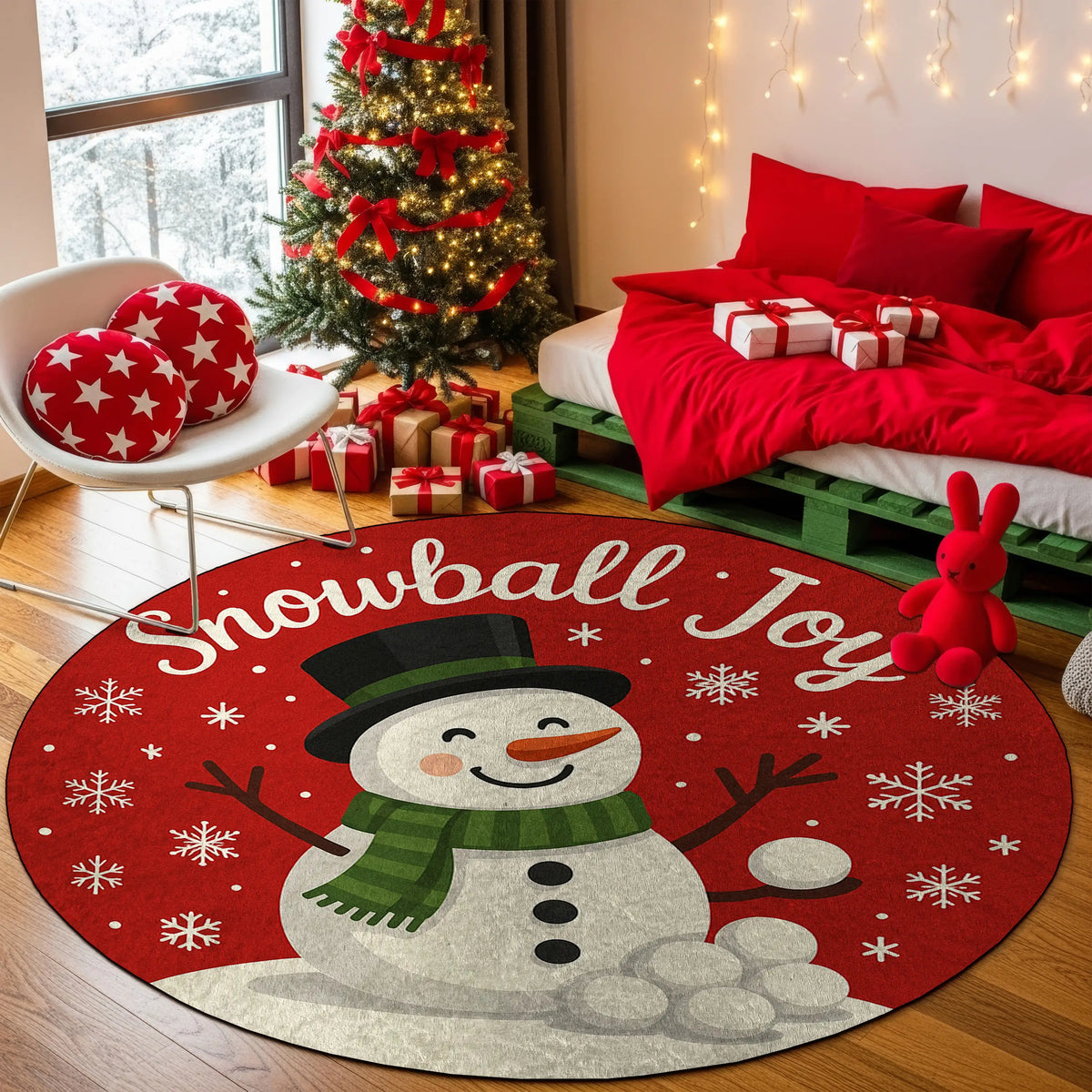 Decorative Christmas rug with a snowman design in a festive room.

