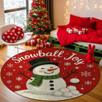 Decorative Christmas rug with a snowman design in a festive room.

