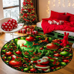 Round Christmas-themed rug with Santa Claus, reindeer, and ornaments in a room decorated for Christmas.
