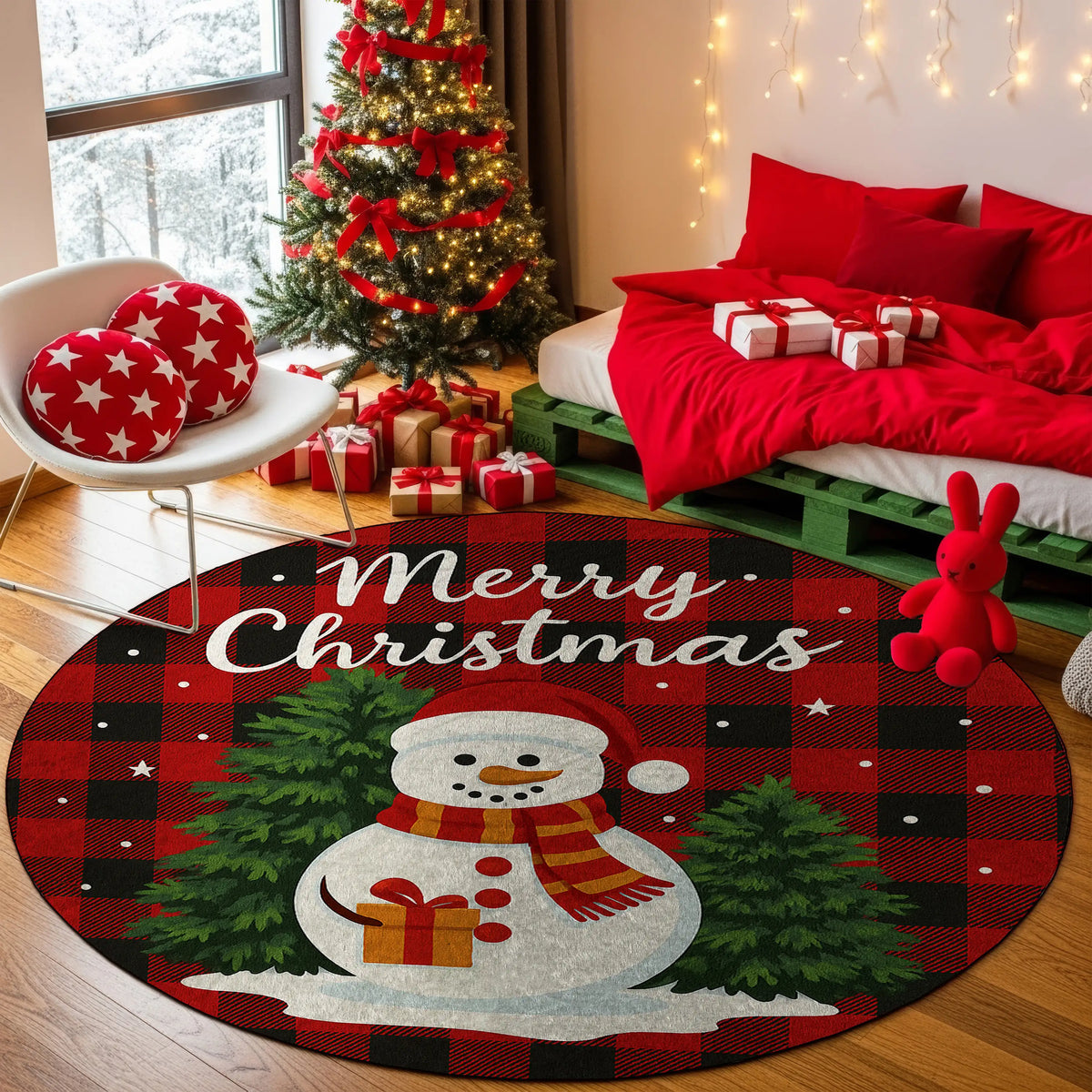 Round Christmas-themed rug with a snowman design in a festive room.

