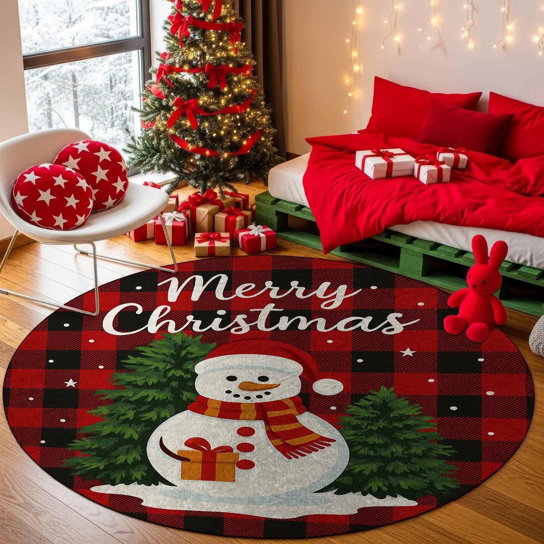Round Christmas-themed rug with a snowman design in a festive room.

