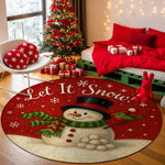 Round Christmas-themed rug with a snowman design and 'Let It Snow!' text, placed in a festive room with a decorated tree and presents.


