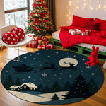 Round Christmas-themed rug with Santa's sleigh design in a festive room.

