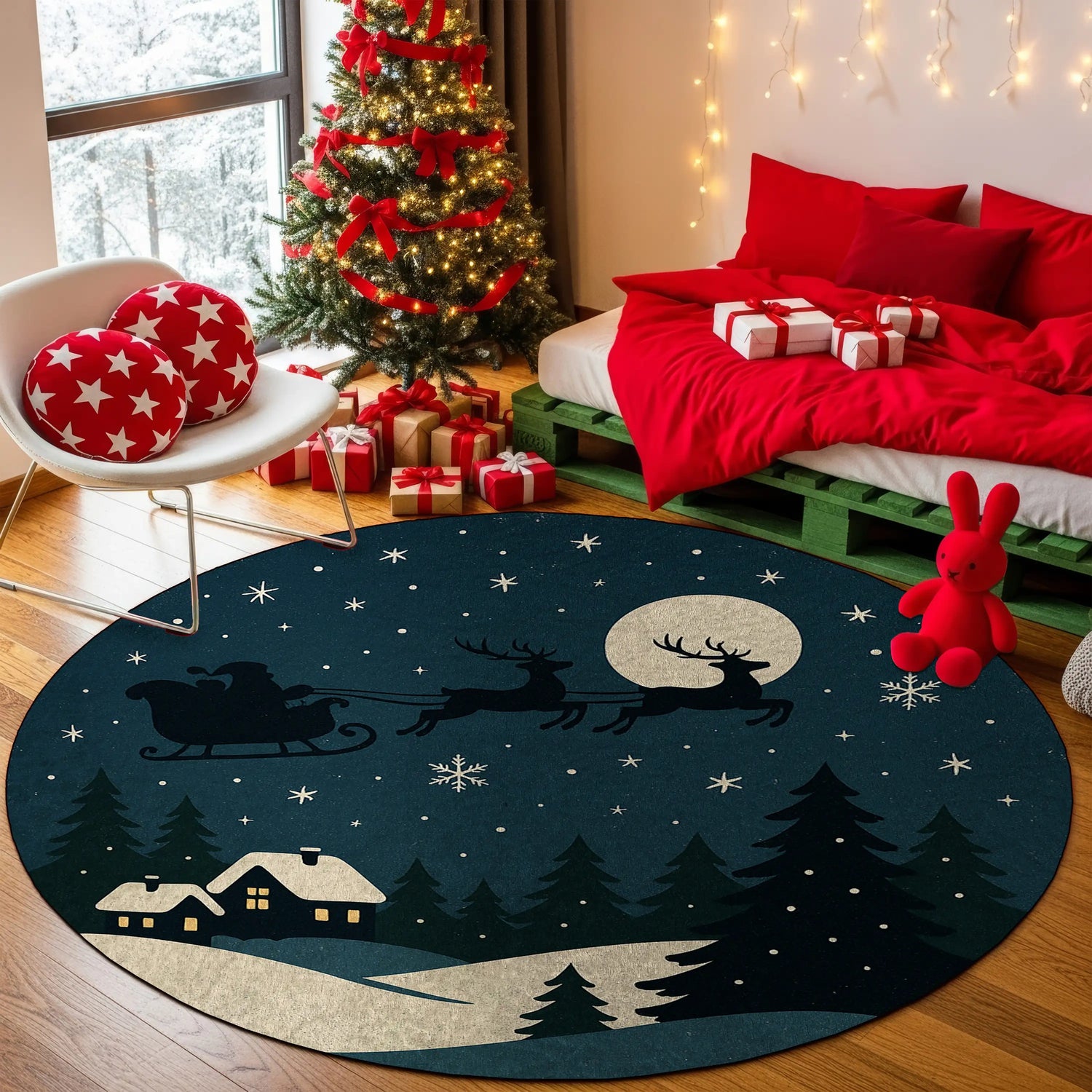 Round Christmas-themed rug with Santa's sleigh design in a festive room.

