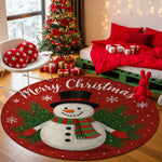 Christmas-themed room with a snowman rug, decorated tree, and presents.


