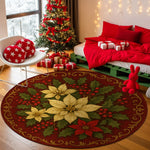 Decorative Christmas rug with poinsettias in a room with a Christmas tree and presents.

