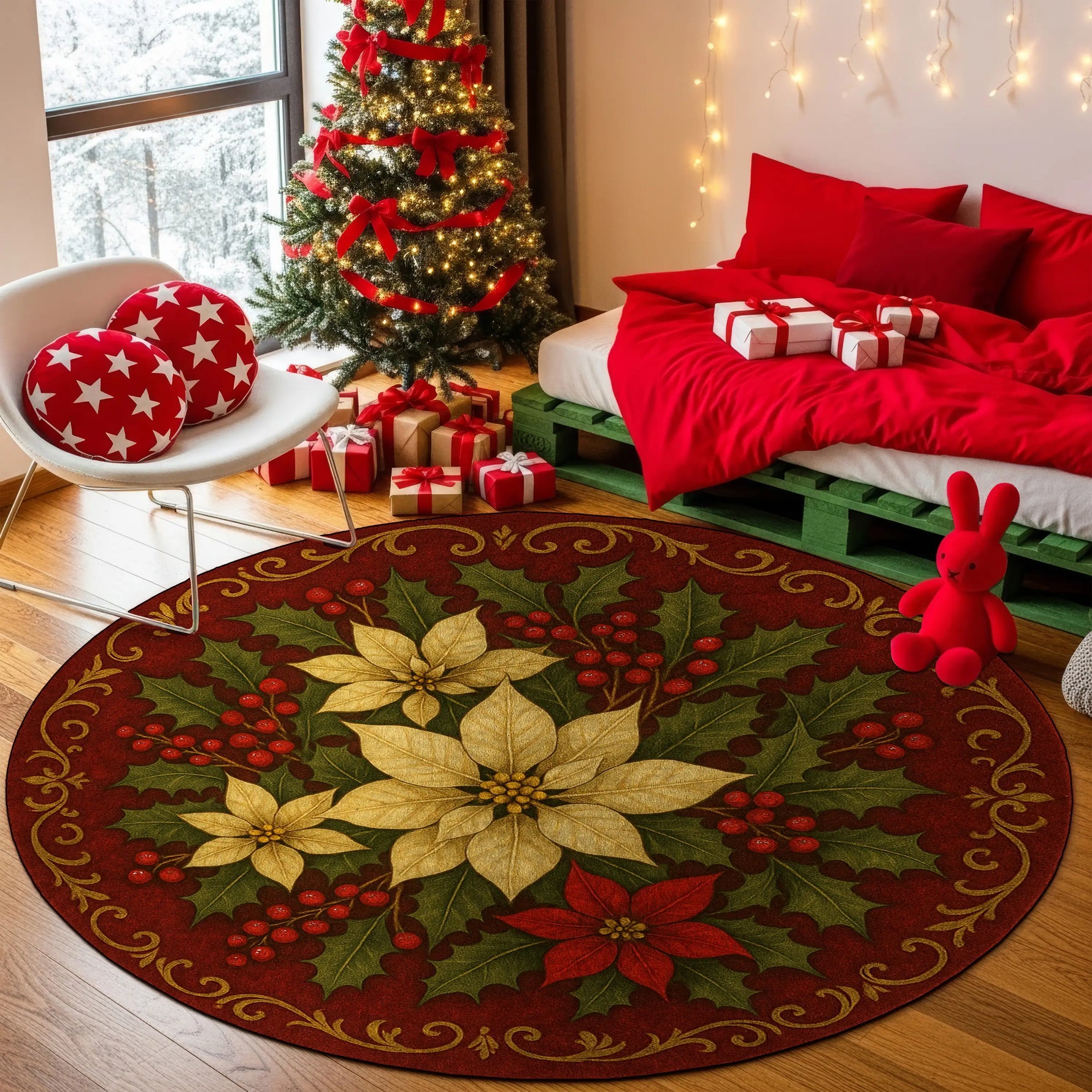 Decorative Christmas rug with poinsettias in a room with a Christmas tree and presents.

