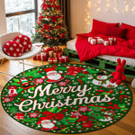 Round Christmas-themed rug with Santa Claus and snowmen on a wooden floor.