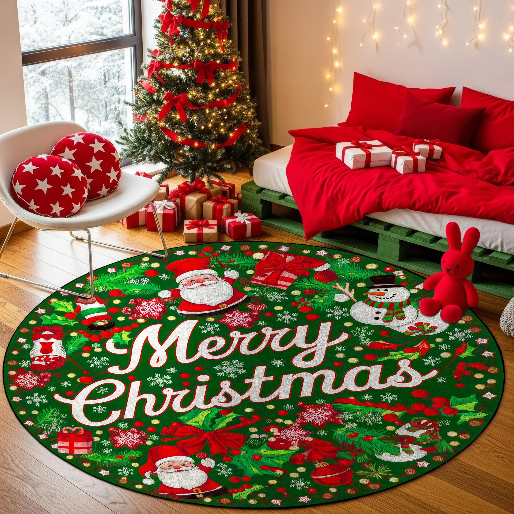 Round Christmas-themed rug with Santa Claus and snowmen on a wooden floor.