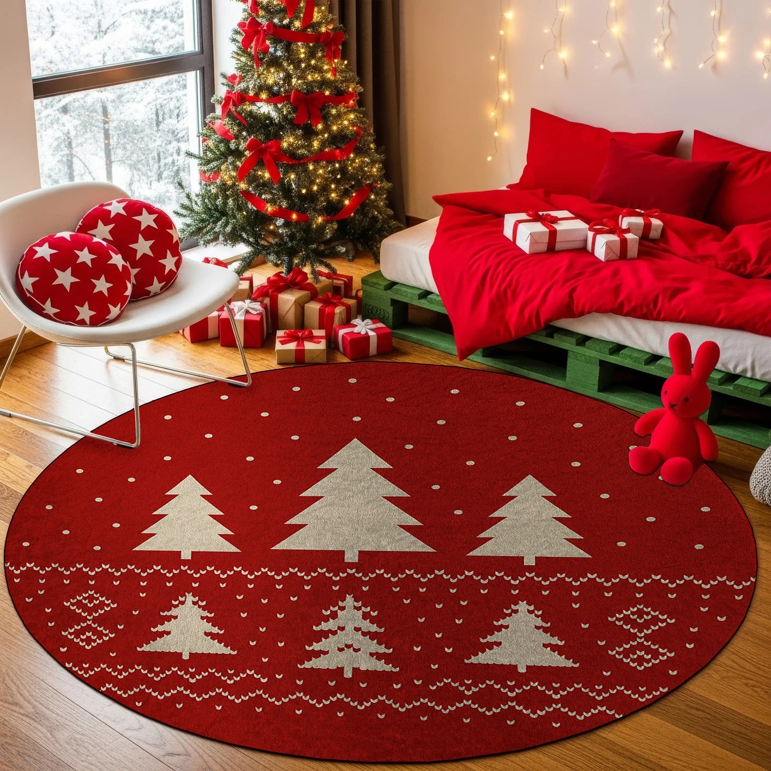 Red Christmas Tree Round Rug – Cozy Nordic Snowfall Pattern
