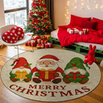 Round Christmas-themed rug with Santa and gnomes design in a festive room.

