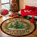 Decorative rug with 'Rustic Tree Farm Magic' design in a festive room with Christmas tree and presents.

