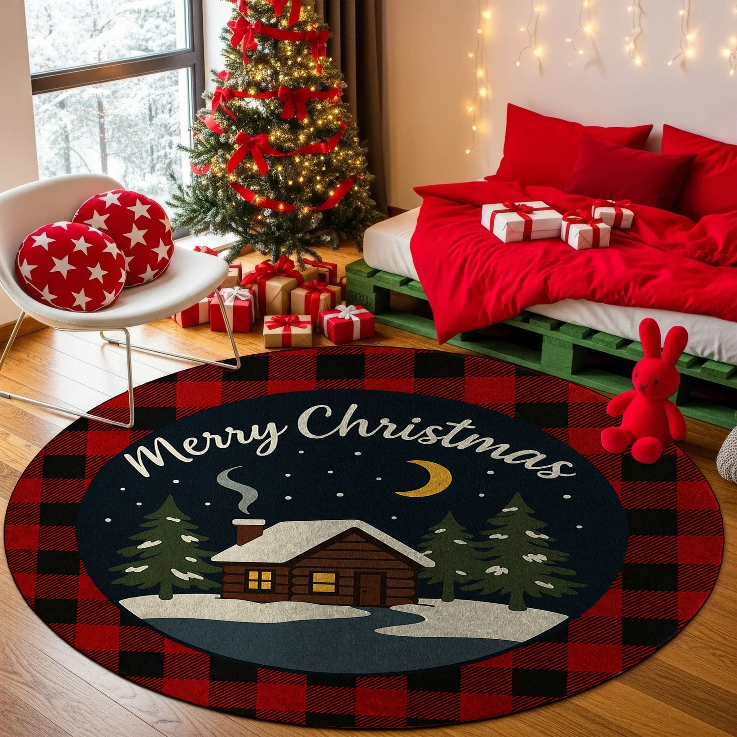 Round Christmas-themed rug with a cabin design in a room decorated for Christmas.

