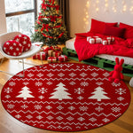 Decorative red rug with white patterns in a festive room with Christmas tree and presents.

