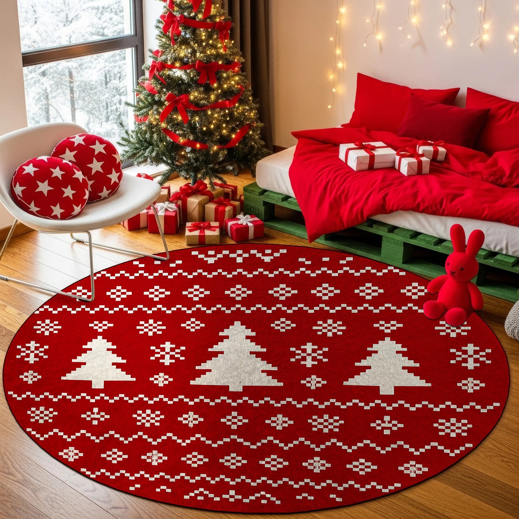 Decorative red rug with white patterns in a festive room with Christmas tree and presents.

