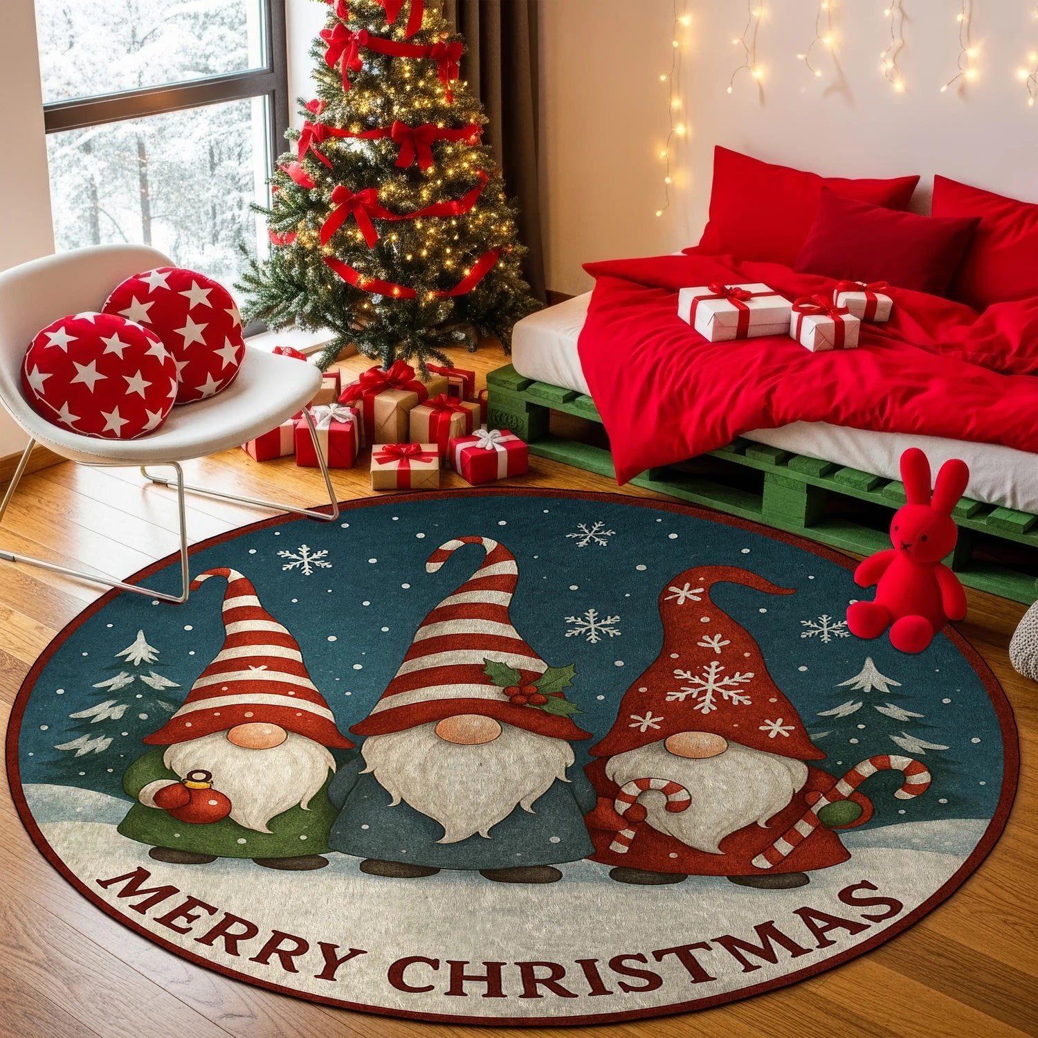 Round Christmas-themed rug with gnomes and 'Merry Christmas' text in a room decorated for Christmas.

