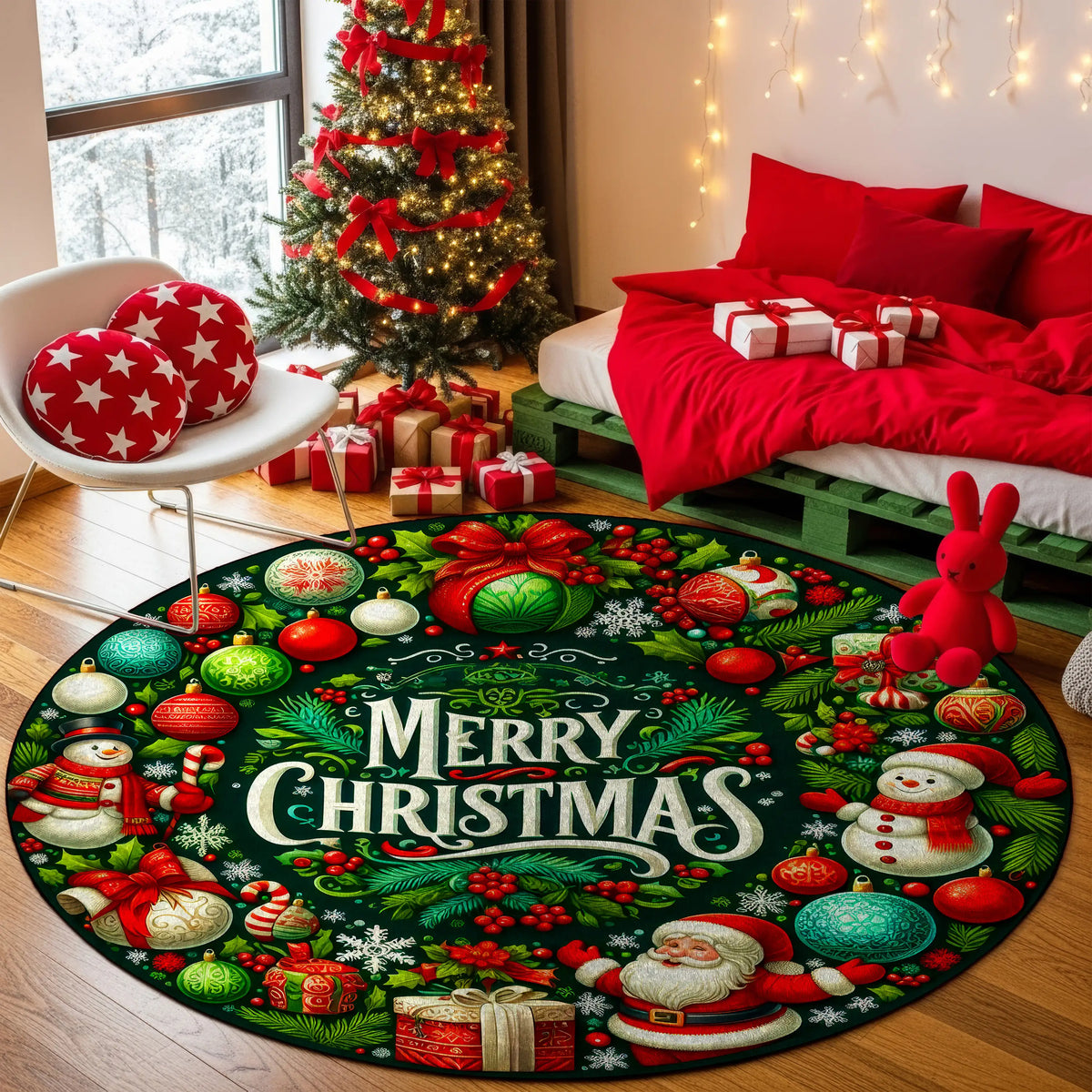 Round Christmas-themed rug with festive designs in a room decorated for Christmas.