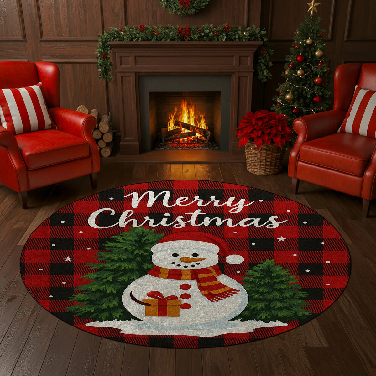 Christmas-themed rug with a snowman design in a festive living room.

