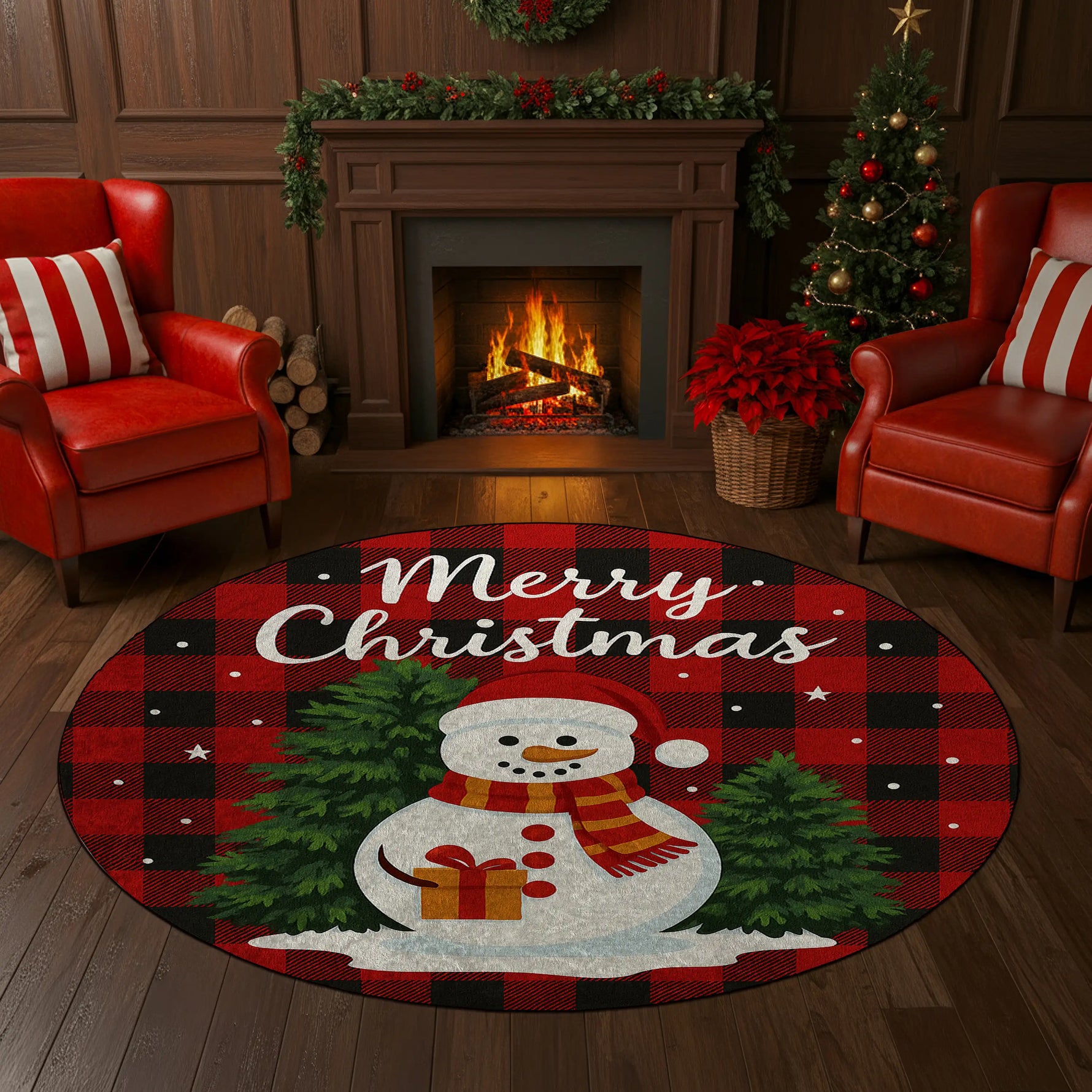 Christmas-themed rug with a snowman design in a festive living room.

