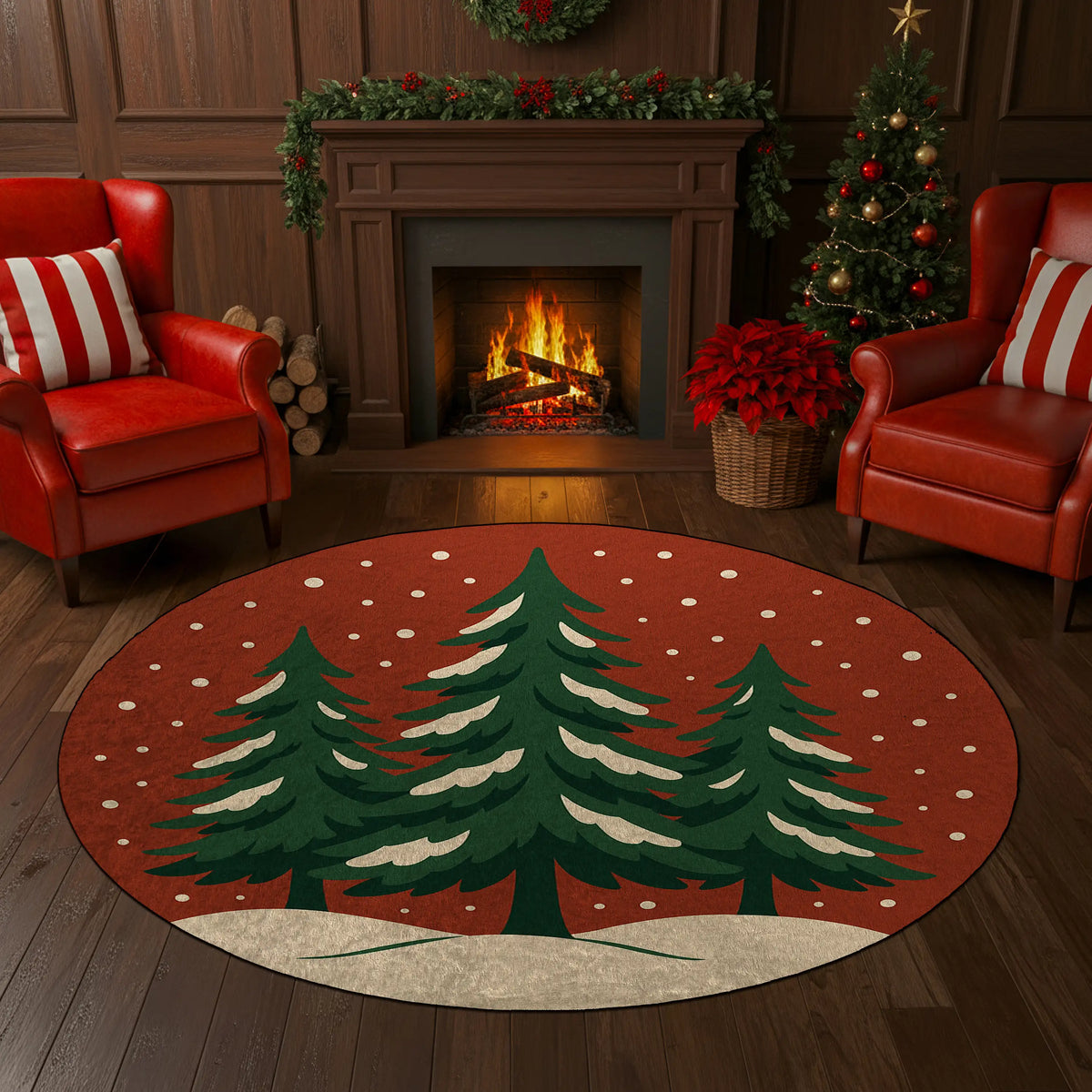 Living room with Christmas decorations, including a tree, stockings, and a fireplace.

