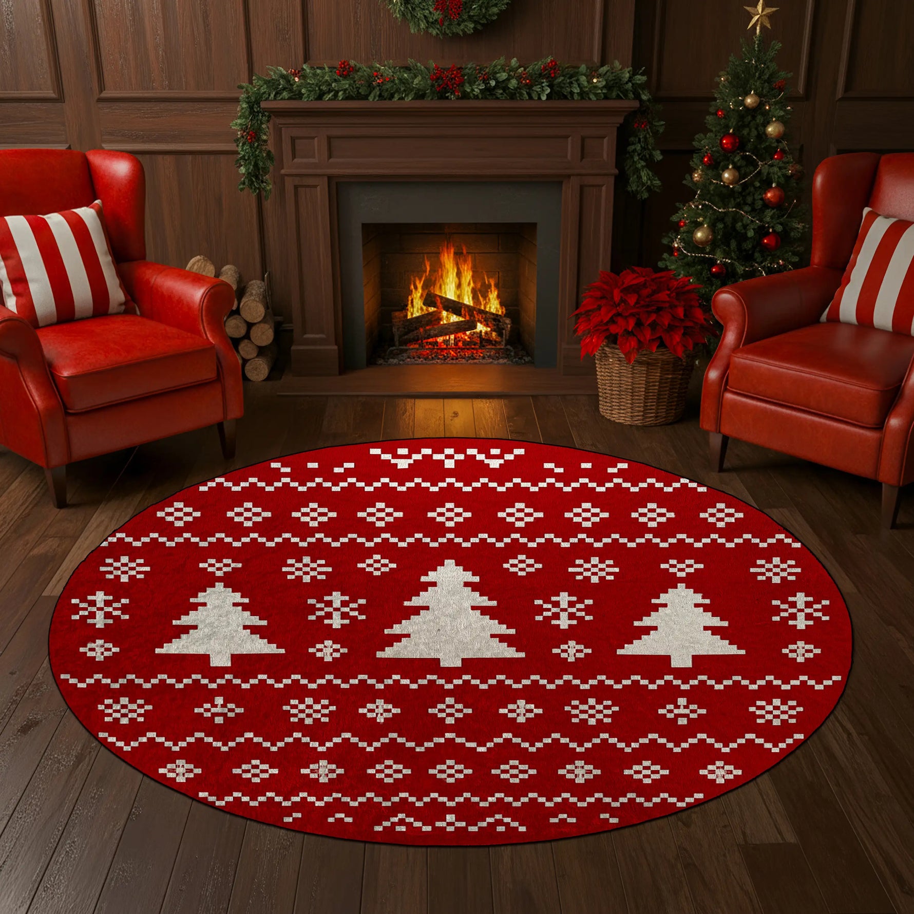 Living room with a red round rug featuring white Christmas tree patterns, two red chairs, a fireplace, and a Christmas tree.

