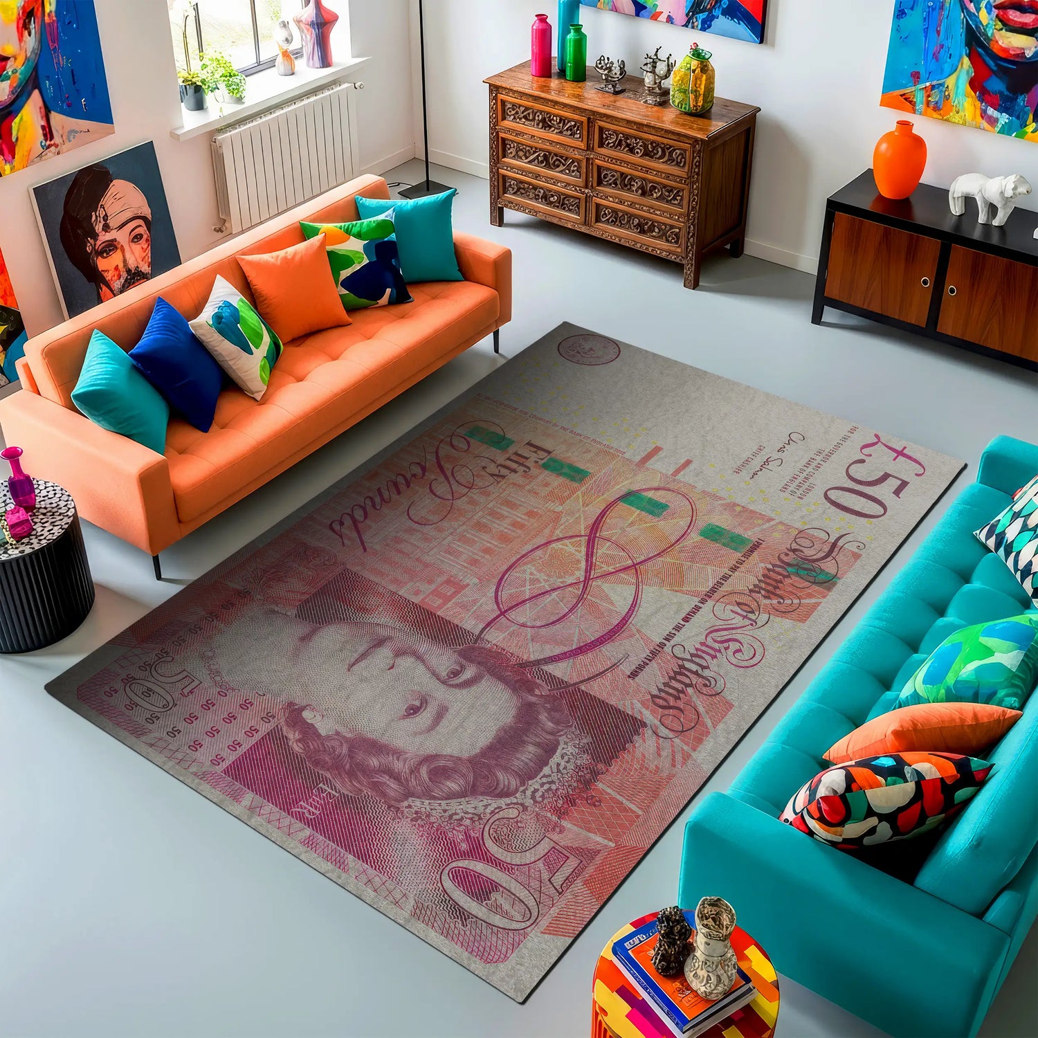 Living room with colorful furniture and a decorative rug featuring a portrait.