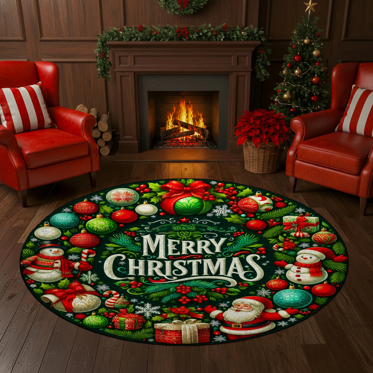 Round Christmas-themed rug with festive designs in a cozy living room.