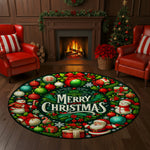 Round Christmas-themed rug with festive designs in a cozy living room.