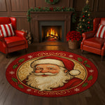 Decorative rug with Santa Claus design in a festive living room with a fireplace and Christmas tree.

