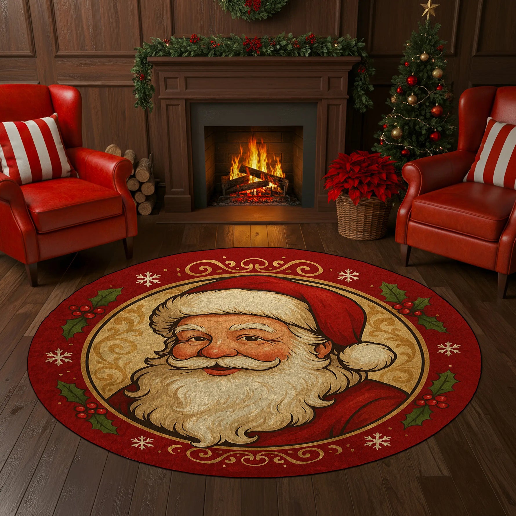 Decorative rug with Santa Claus design in a festive living room with a fireplace and Christmas tree.


