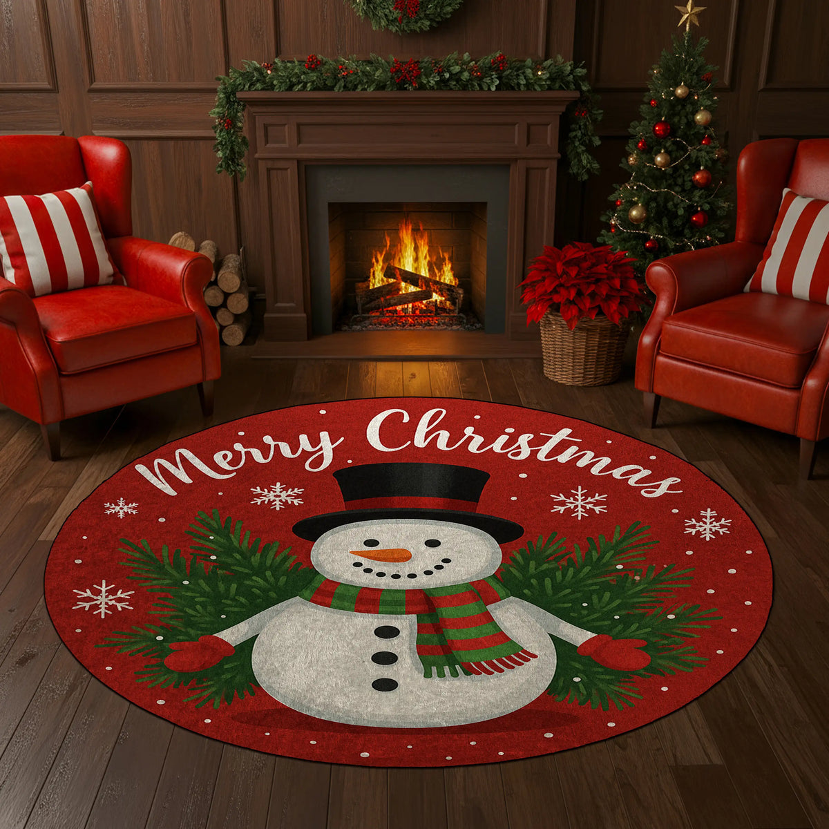 Christmas-themed rug with a snowman design in a festive living room.

