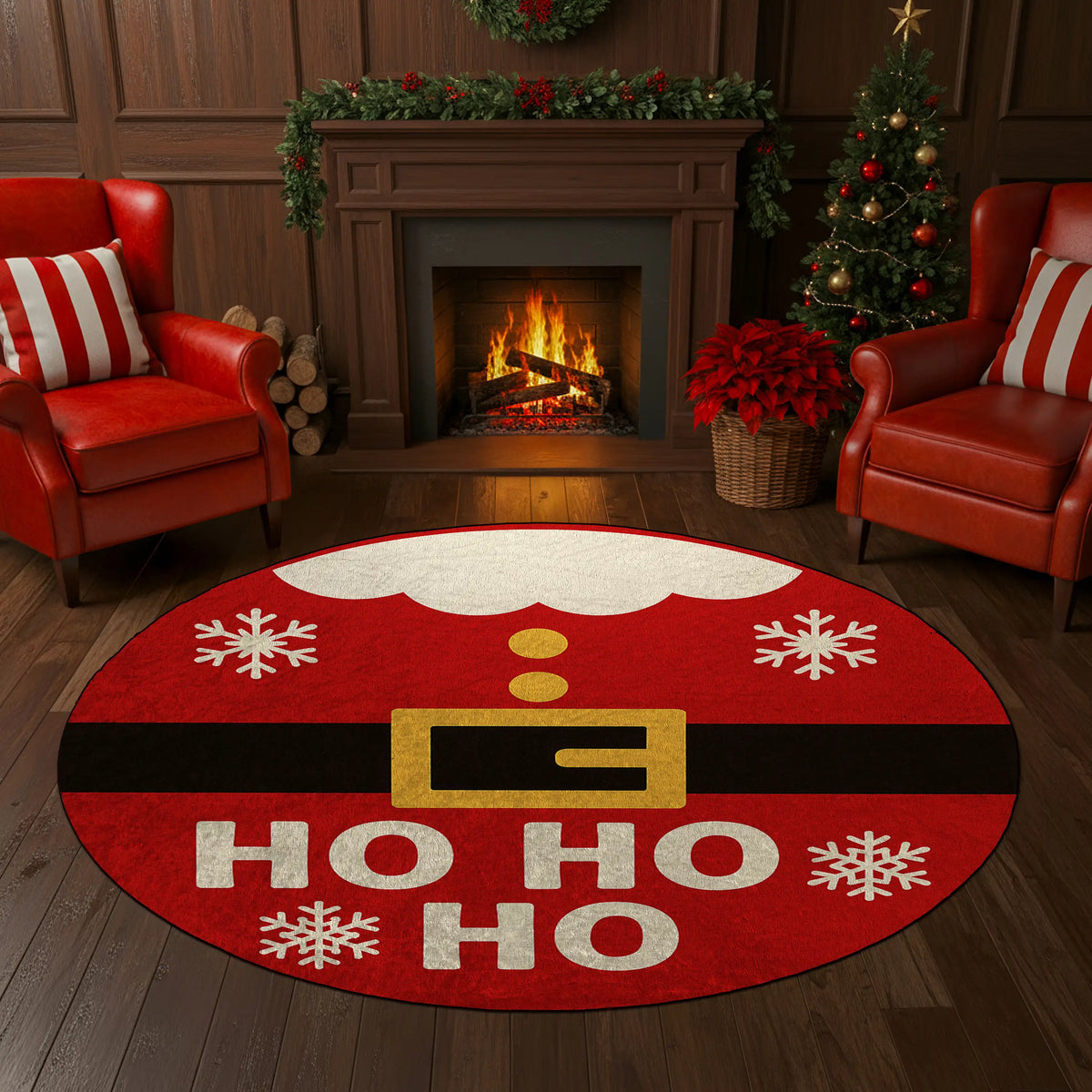Christmas-themed room with a red rug featuring Santa Claus design, fireplace, and Christmas tree.

