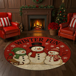 Decorative rug with snowmen and 'Winter Fun' text in a festive living room.

