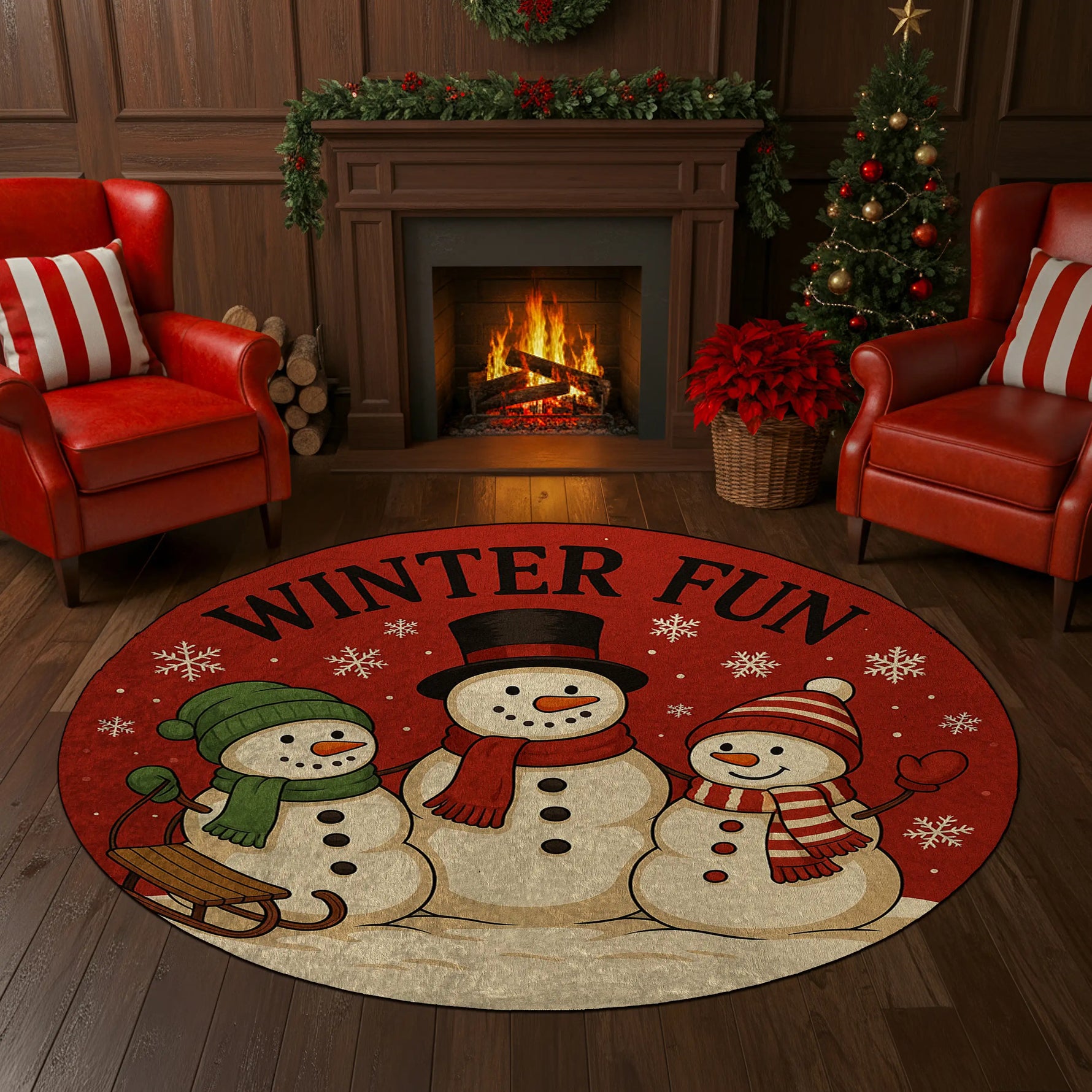 Decorative rug with snowmen and 'Winter Fun' text in a festive living room.

