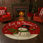 Round Christmas rug with snowman design and 'Let It Snow!' text in a festive living room.

