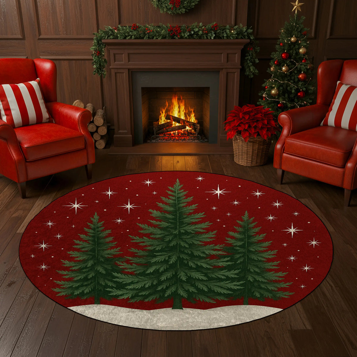 Living room with red chairs, Christmas tree, and festive rug featuring trees and stars.

