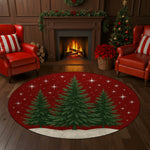 Living room with red chairs, Christmas tree, and festive rug featuring trees and stars.

