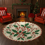 Round Christmas-themed rug with candy canes and holly in a festive living room.

