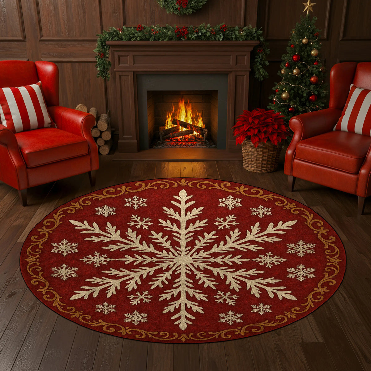 Decorative red rug with snowflake design in a festive living room with a fireplace and Christmas tree.

