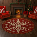 Decorative red rug with snowflake design in a festive living room with a fireplace and Christmas tree.

