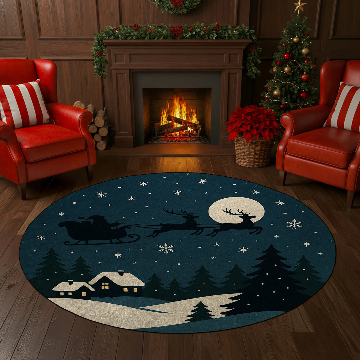 Round Christmas-themed rug with reindeer and sleigh design in a festive room with fireplace and tree.

