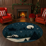 Round Christmas-themed rug with reindeer and sleigh design in a festive room with fireplace and tree.


