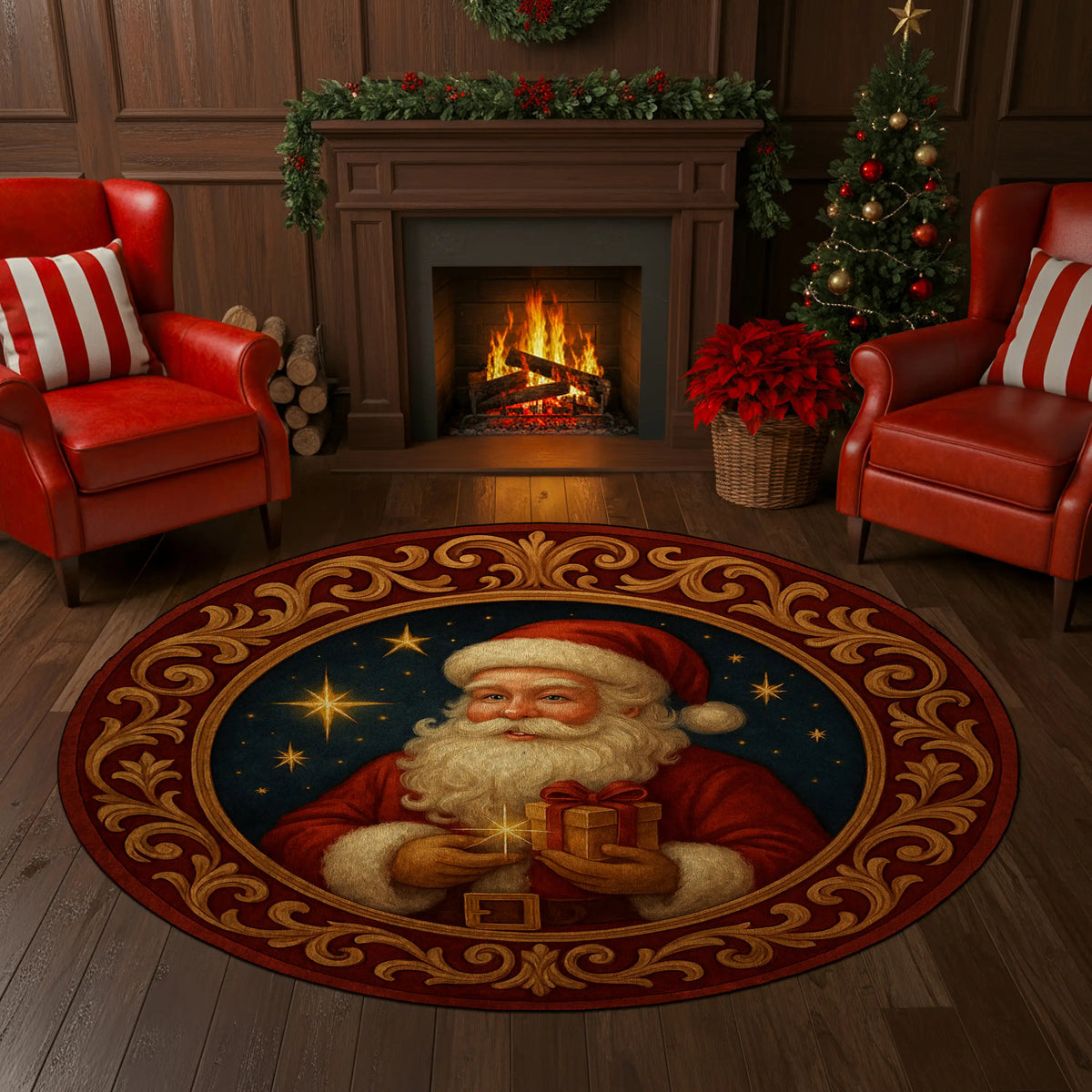 Decorative Christmas rug with Santa Claus design in a festive living room.

