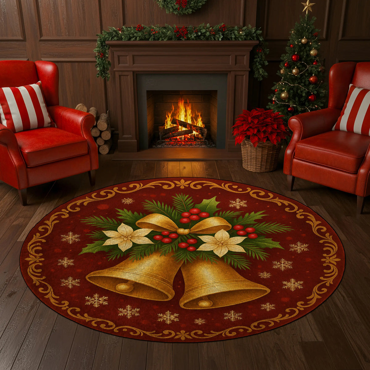 Decorative Christmas rug with bells and poinsettias in a festive living room.

